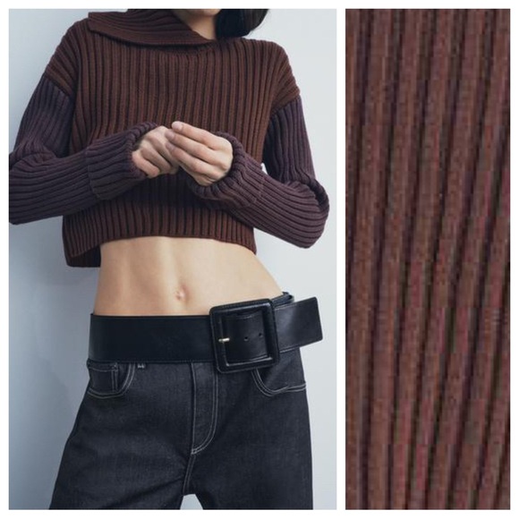 NWT. Zara Two-Toned Brown Rib Knit Cropped Sweater. Size M. - Picture 1 of 11